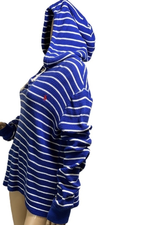Polo By Ralph Lauren Blue White Striped Drawstring Hoodie Size Med Preppy Grunge - Picture 11 of 12